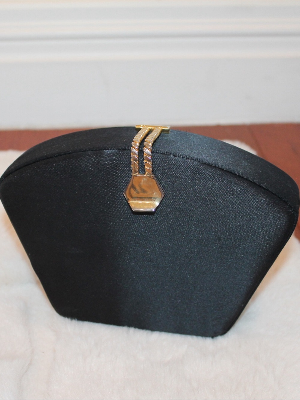 Vintage Black Satin Evening Clutch with Gold Accent
